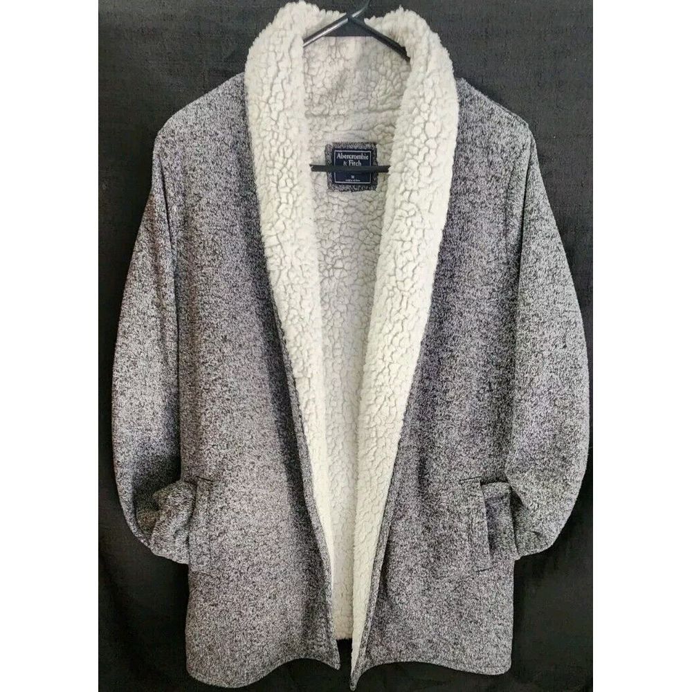 Abercrombie & Fitch Sherpa Lined Open Cardigan Jacket Grey Pockets Sz Medium EUC
